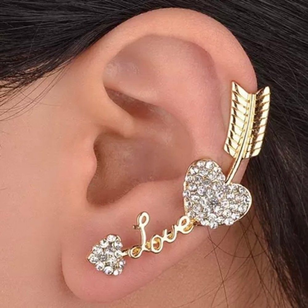 Gold Tone Zinc Alloy Love Arrow Rhinestone Single Left Earring